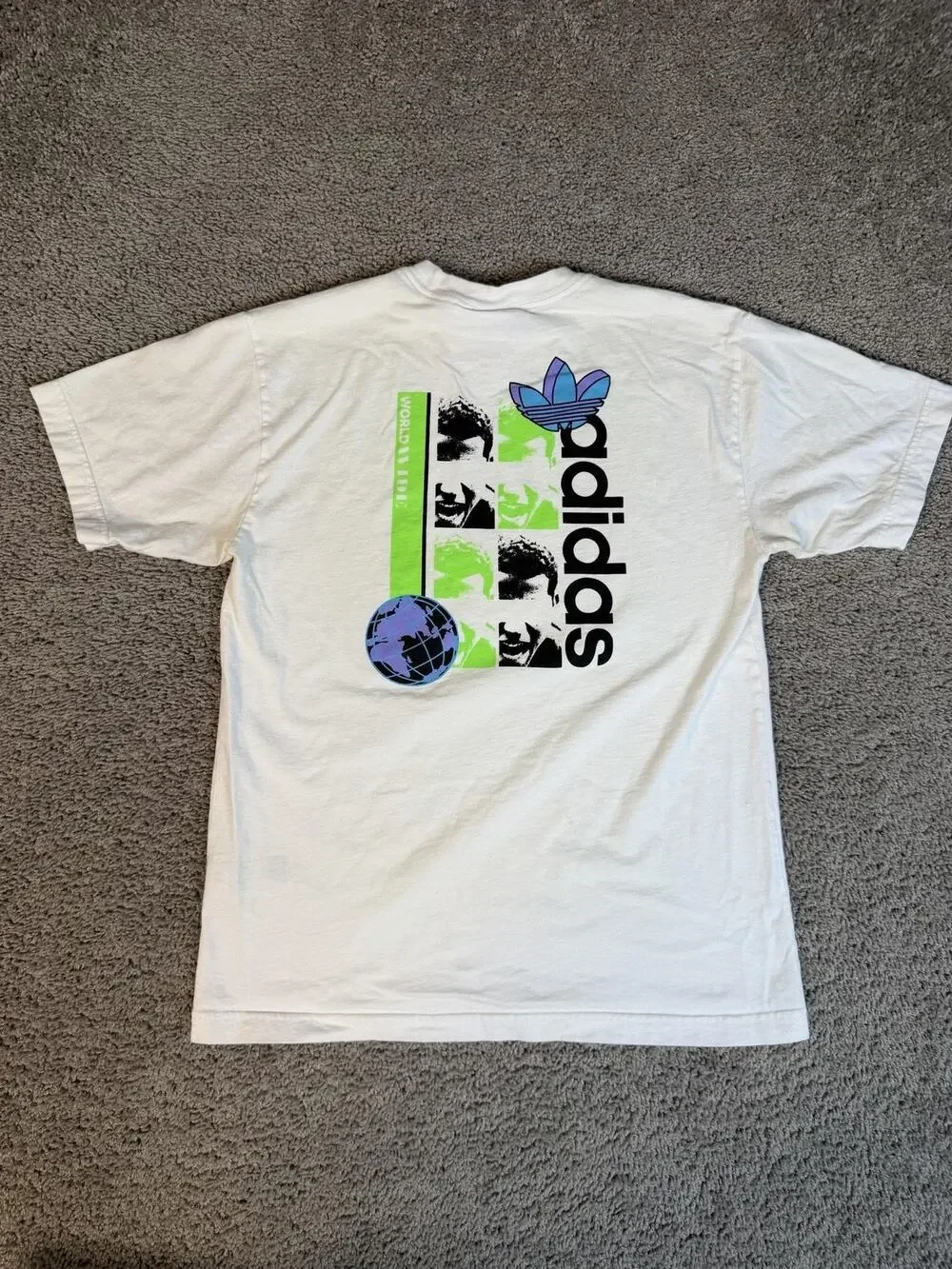 Adidas Shirt Mens M White World Wide Trefoil Logo Graphic Crew Neck Cotton